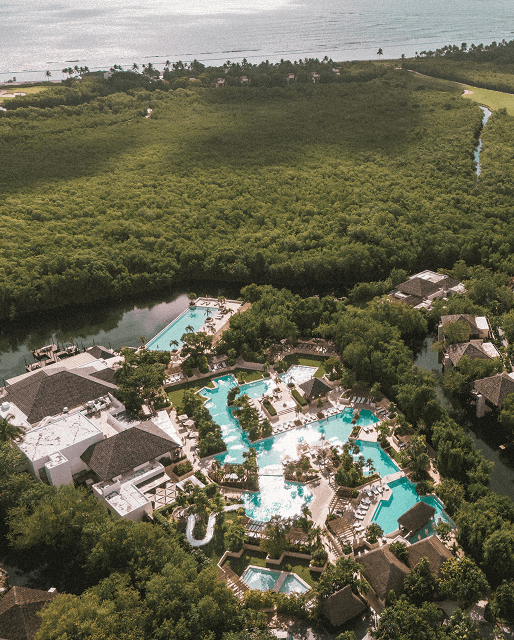 Aerial view of the Mayakoba lagoons and resort
